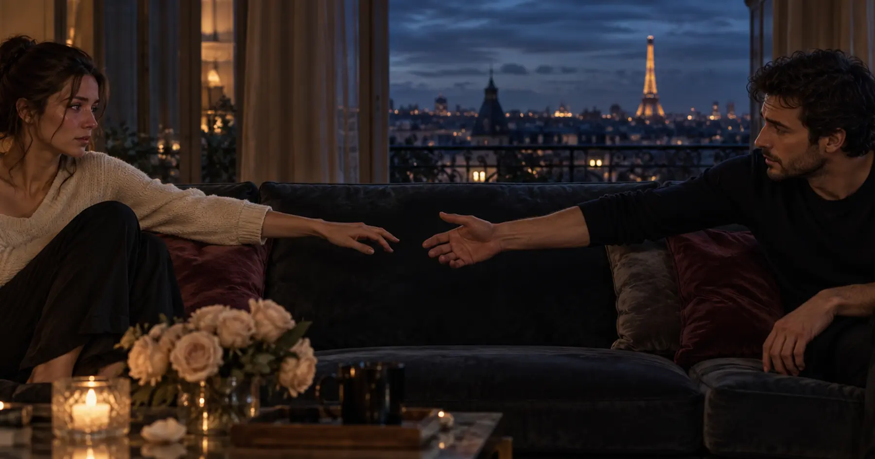 Un couple se rapproche avec émotion dans un salon face à Paris