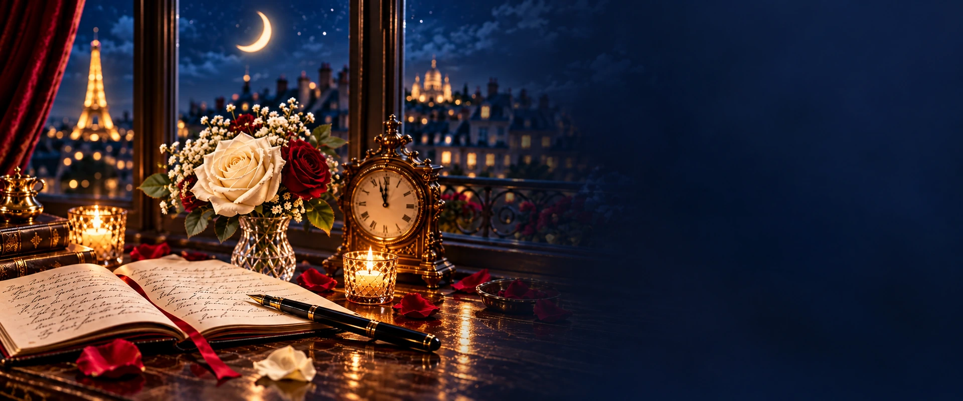 Livre de poésie, roses et horloge devant Paris la nuit, avec espace de lecture à droite