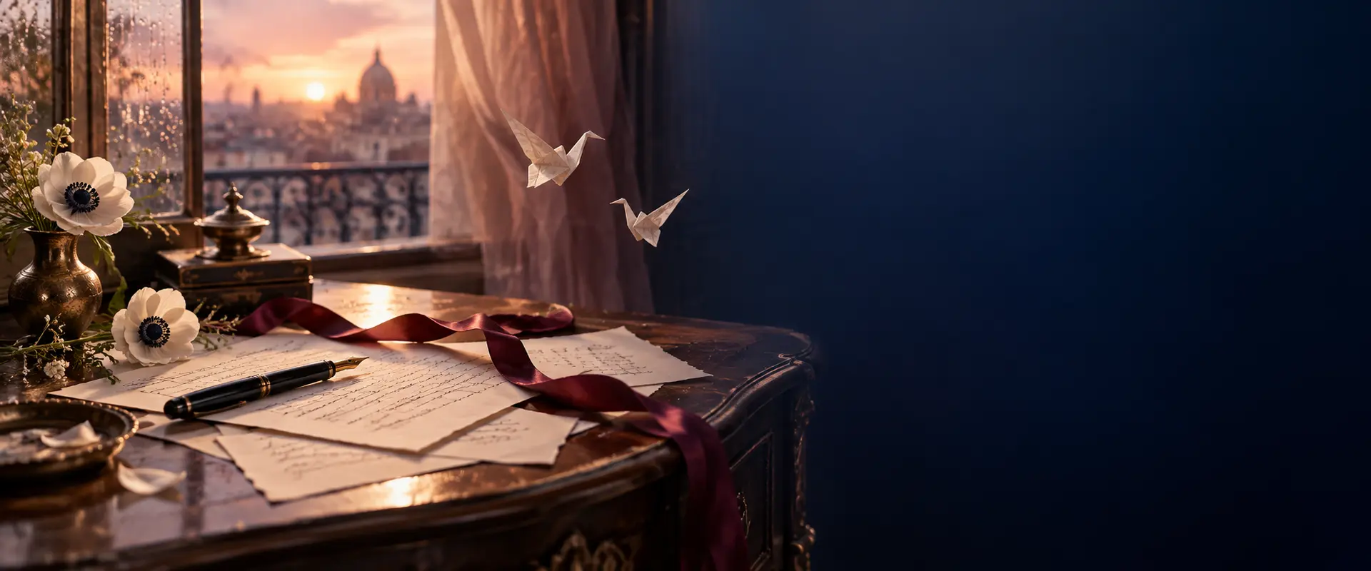 Pages de poésie et oiseaux de papier dans la lumière de l’aube