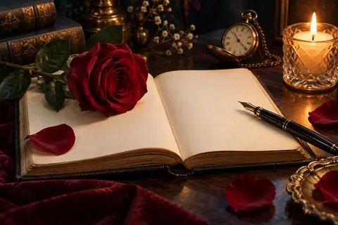 Rose rouge, livre ouvert et lumière de bougie évoquant la passion amoureuse