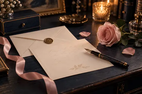 Lettre élégante, rose poudrée et plume pour offrir les mots du cœur