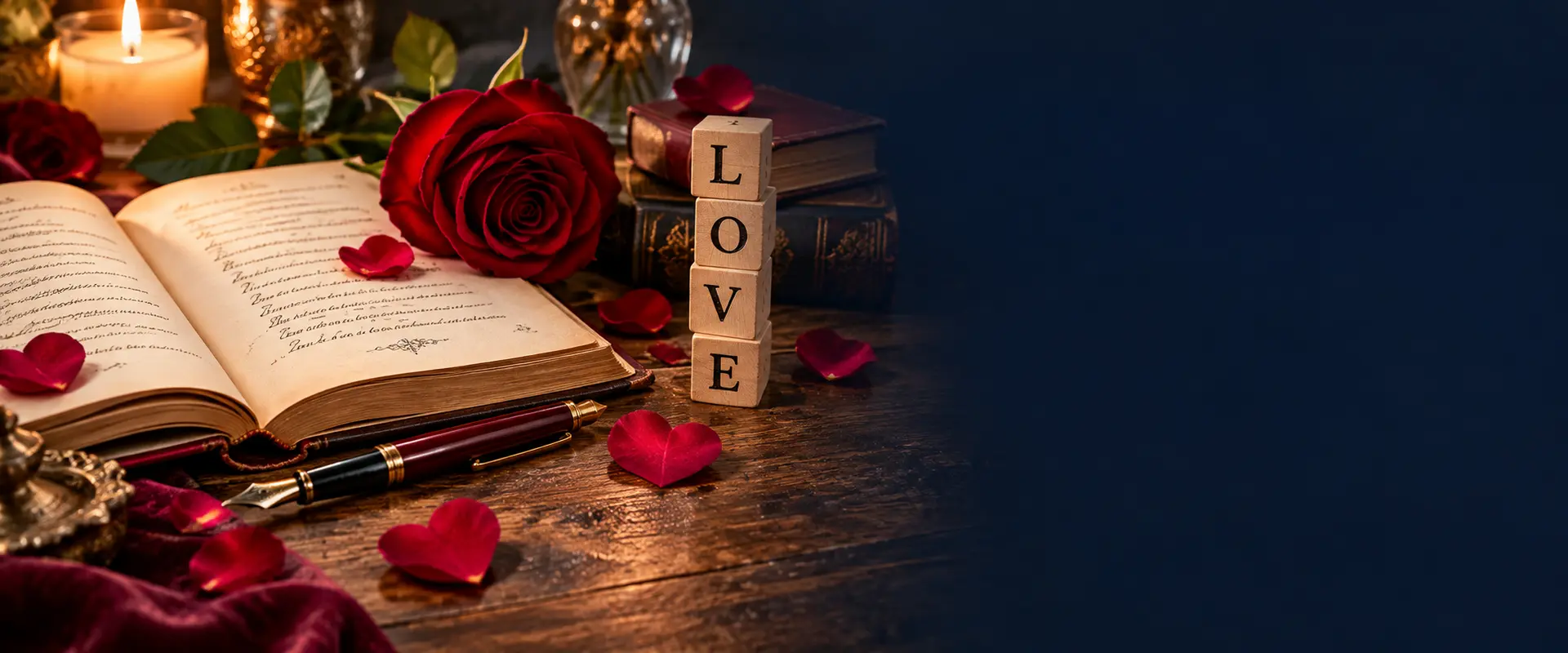 Livre de poésie ouvert, rose rouge, plume et lettres LOVE sur une table