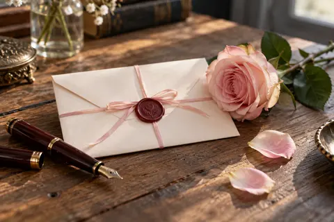 Lettre cachetée, rose délicate et plume évoquant les premiers élans amoureux