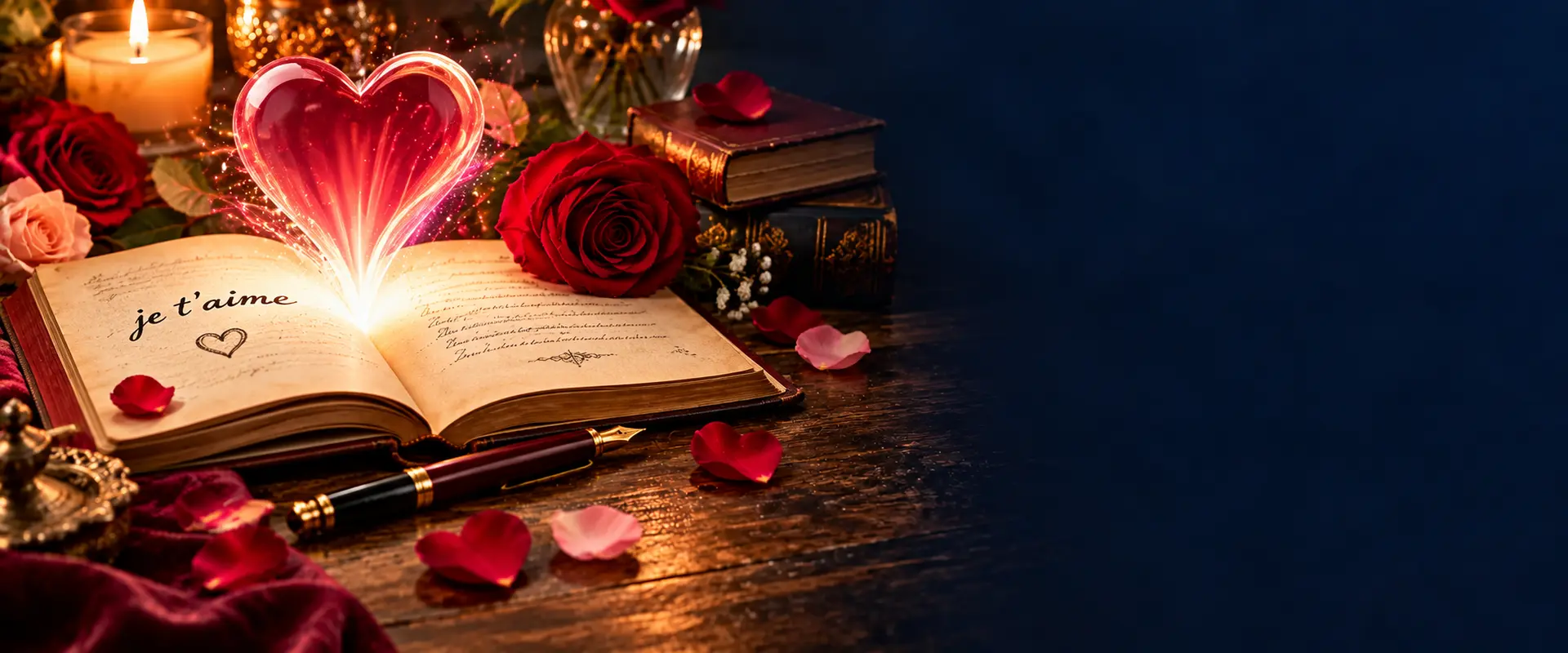 Livre de poésie, cœur rouge lumineux, roses et bougies