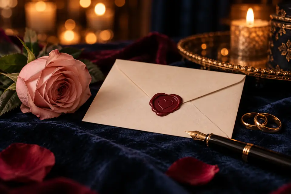 Lettre d’amour cachetée, rose délicate, plume et alliances sur un velours bleu nuit