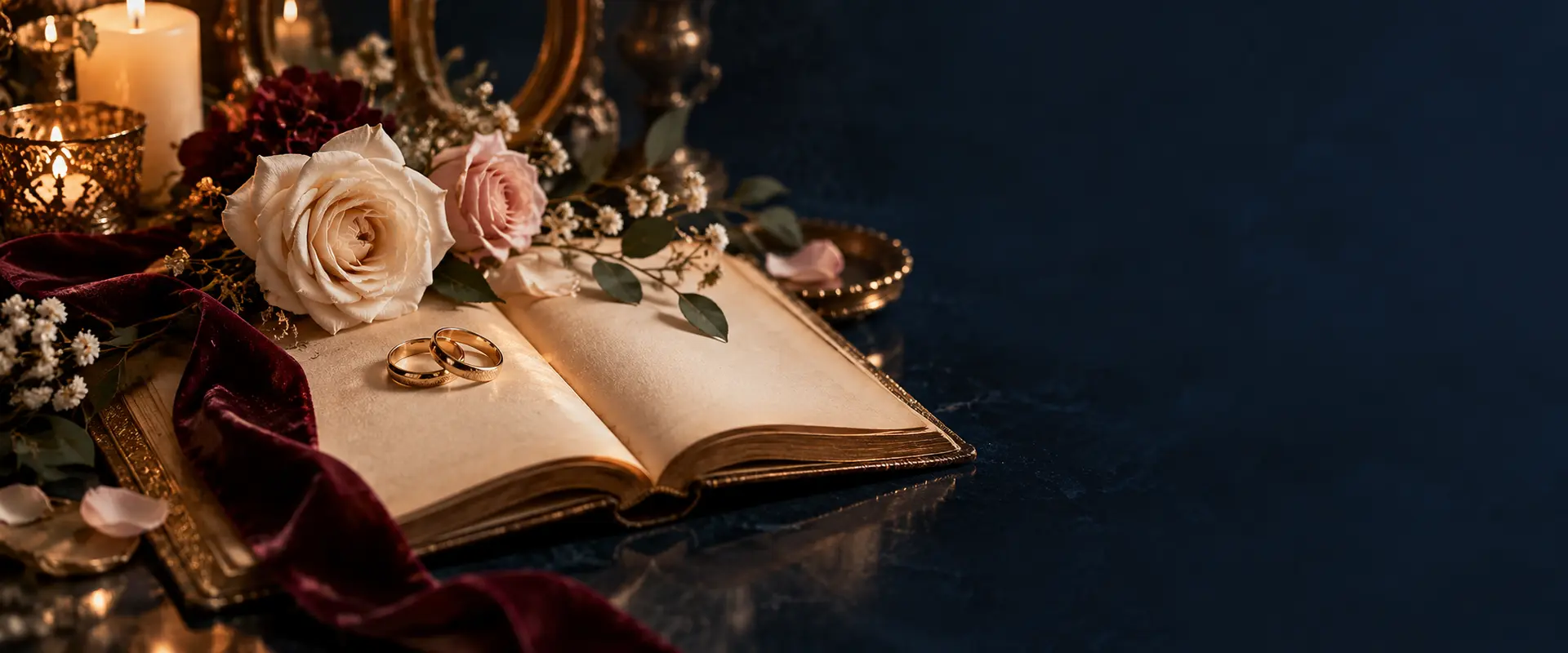 Livre, alliances et fleurs dans une atmosphère de mariage