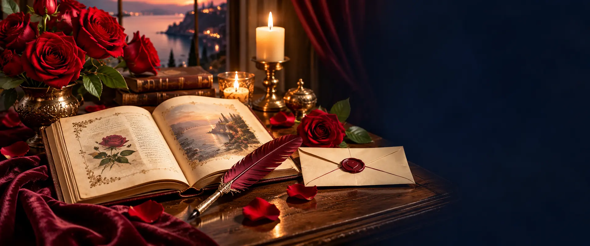 Livre ancien, roses et lumière chaleureuse évoquant la passion amoureuse