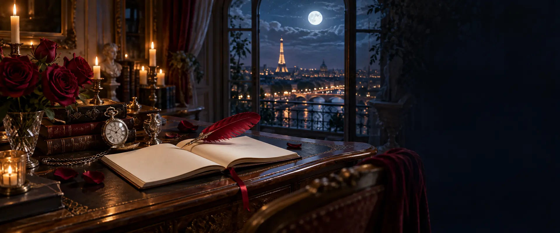 Salon d’écriture romantique éclairé aux bougies face à Paris sous la lune