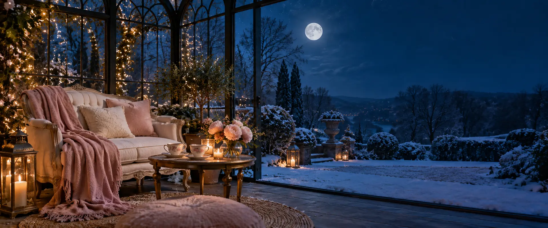 Jardin d’hiver chaleureux ouvert sur un paysage enneigé au clair de lune