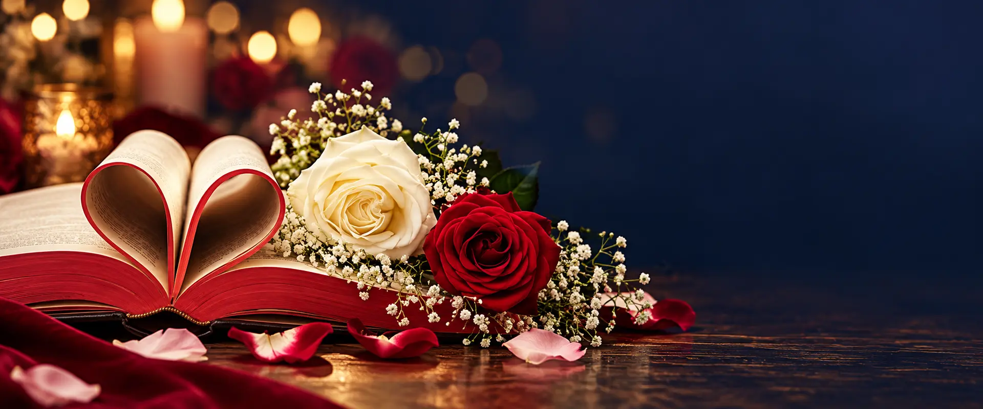Livre ouvert aux pages en forme de cœur entouré de roses rouges et blanches