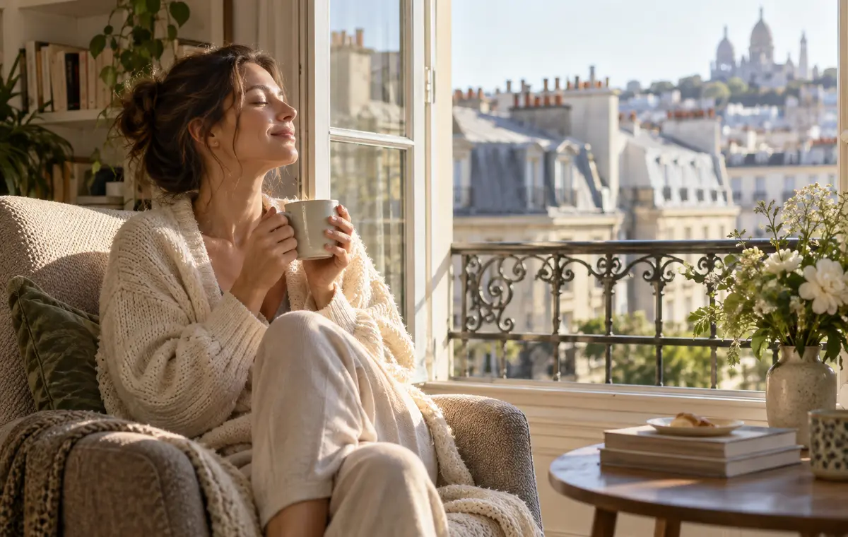 Une personne se repose sous une couverture dans un intérieur chaleureux