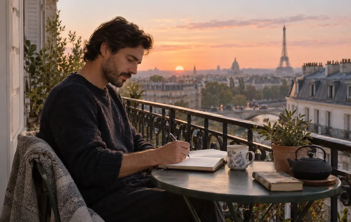 Une femme contemple Paris depuis un balcon au crépuscule