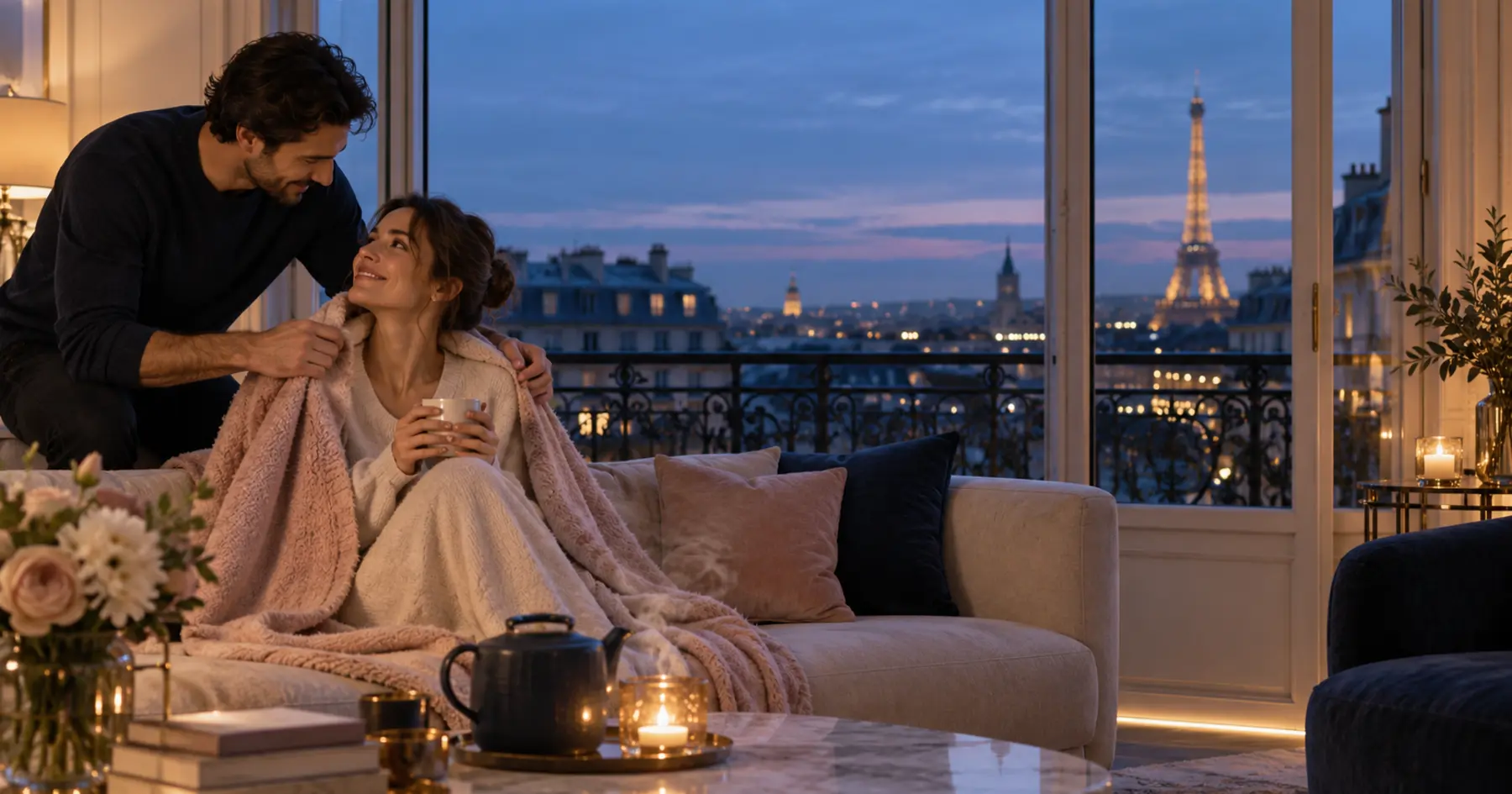 Un couple partage un moment de calme et de tendresse dans un appartement parisien