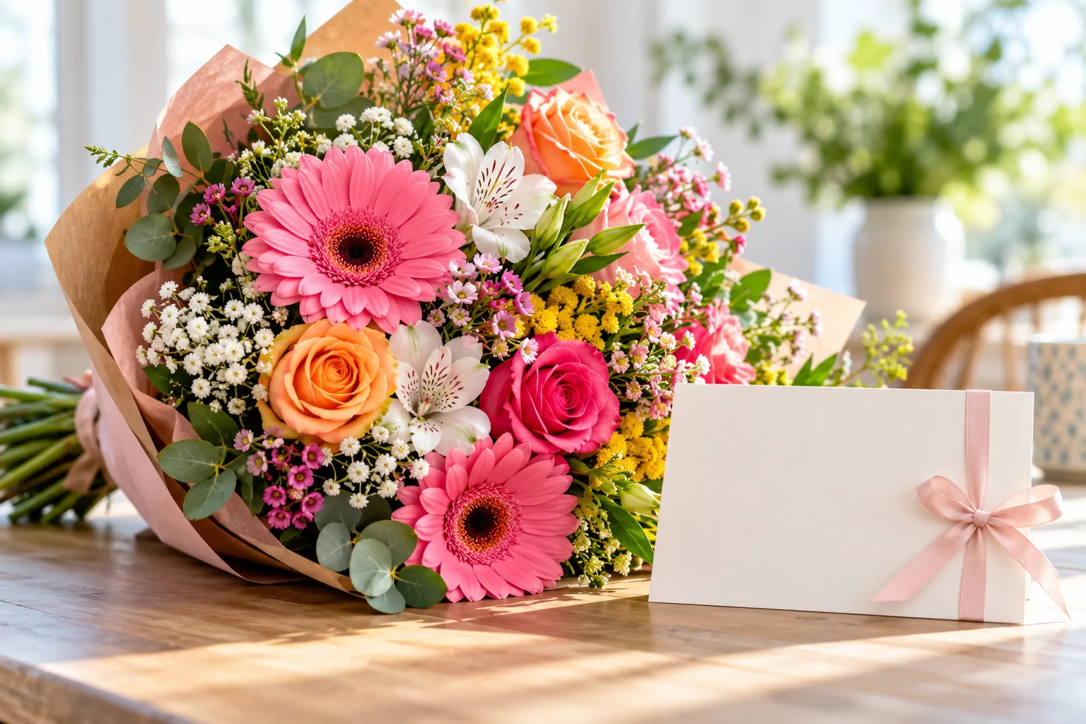 Bouquet de fleurs colorées et carte à offrir