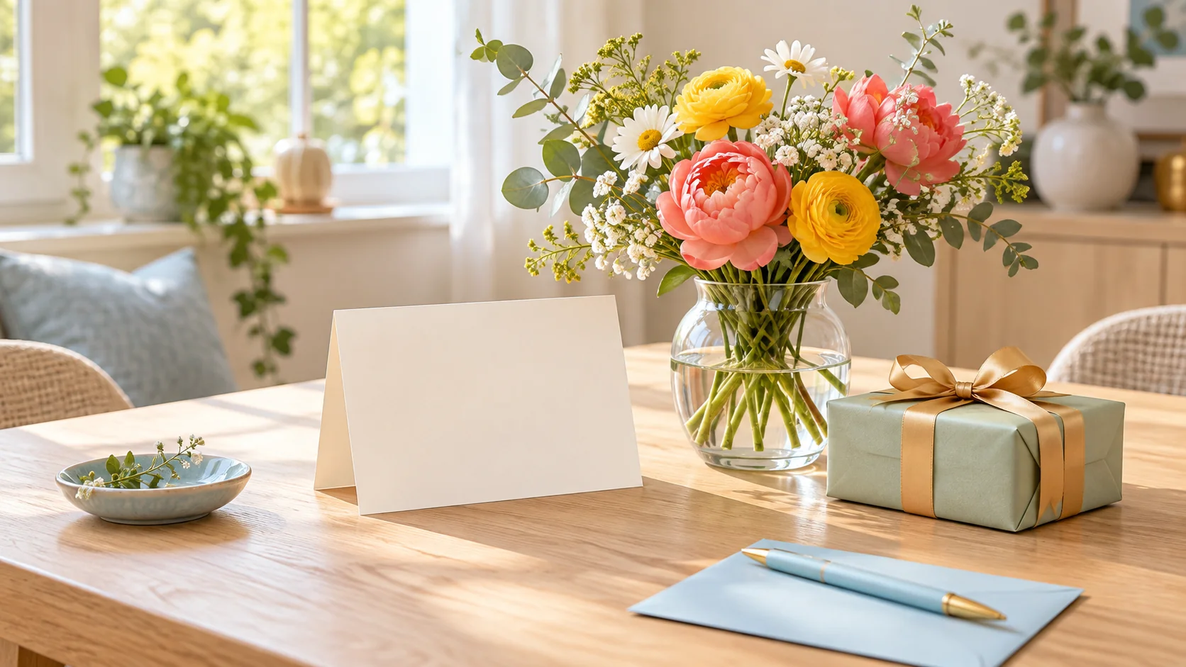 Carte à offrir, fleurs colorées et petit cadeau dans une pièce lumineuse