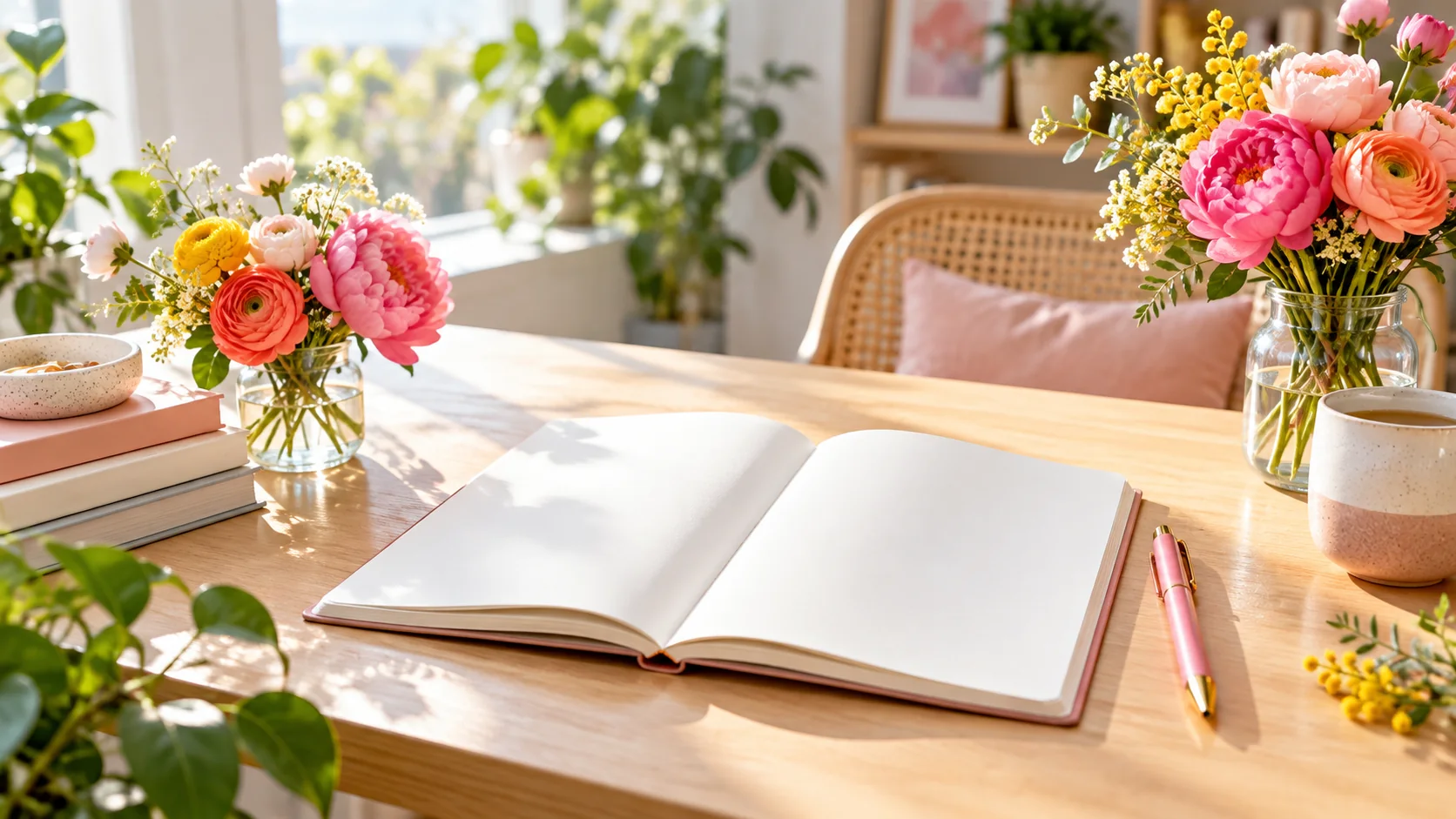 Carnet ouvert près de fleurs colorées dans une pièce lumineuse