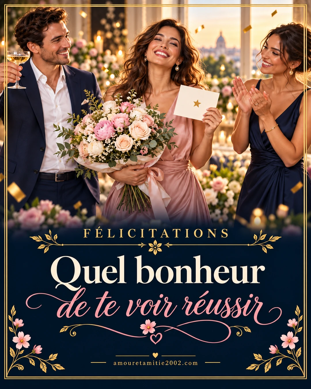 Une femme félicitée par ses proches avec un bouquet de fleurs
