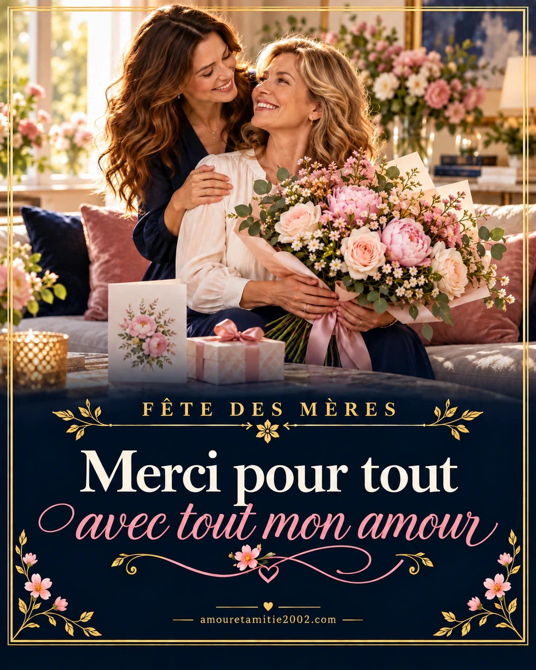 Une fille et sa mère souriantes autour d’un bouquet de fleurs