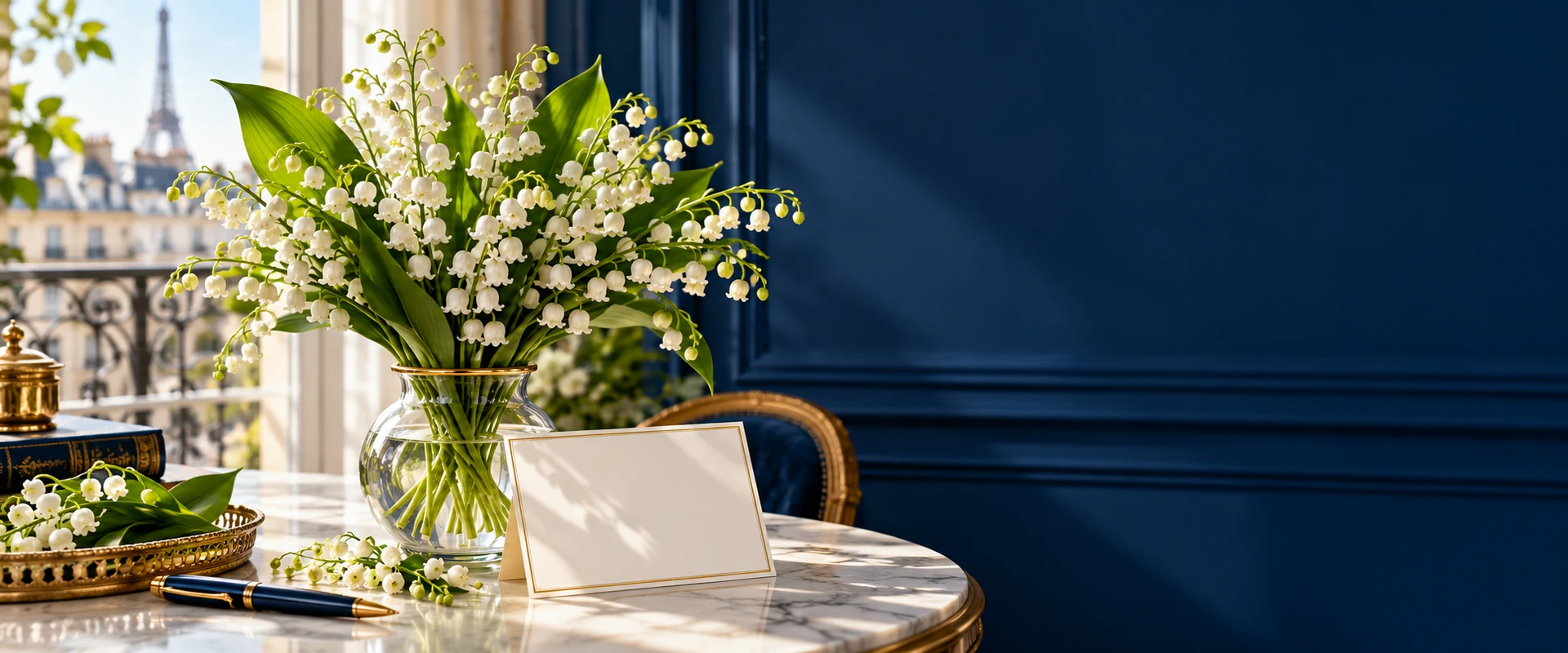Bouquet de muguet dans un vase lumineux pour souhaiter une belle fête du Travail