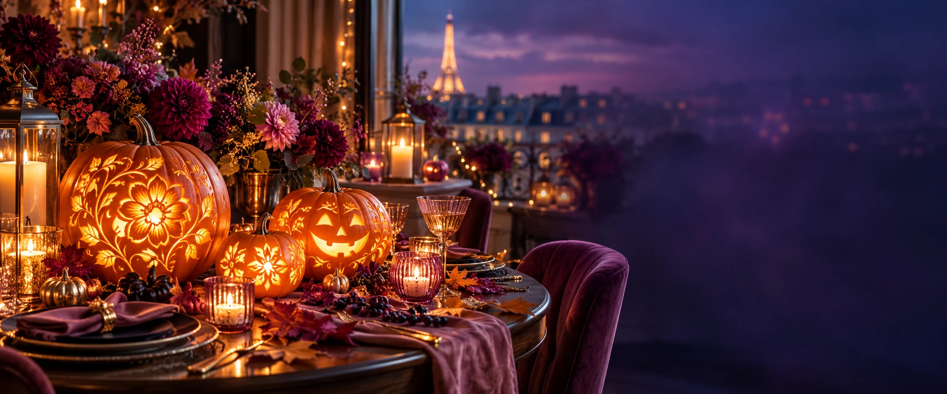Citrouilles souriantes éclairées de lanternes dans un décor d’Halloween chaleureux