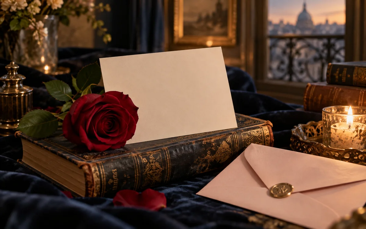 Une carte tendre près d’un livre ancien et de roses