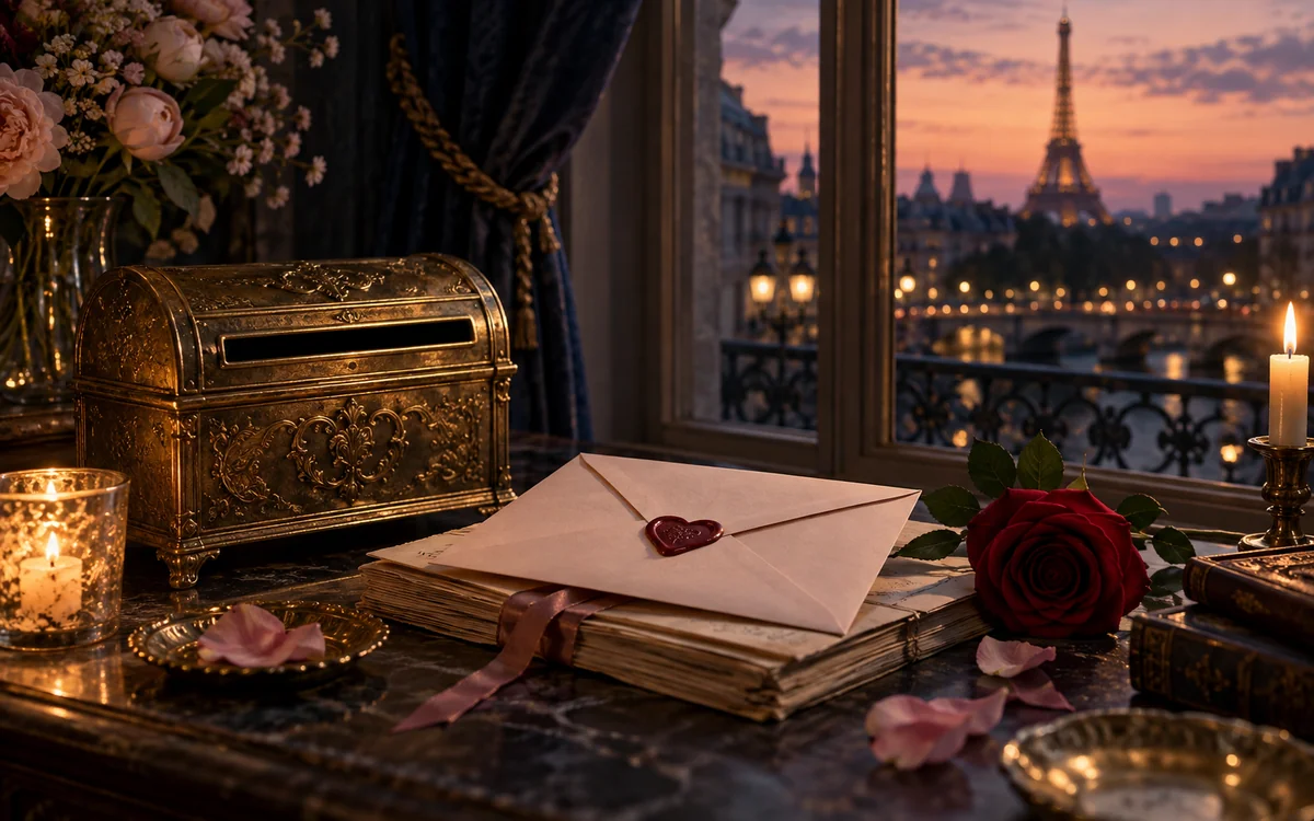 Une enveloppe cachetée et une rose prêtes à être offertes