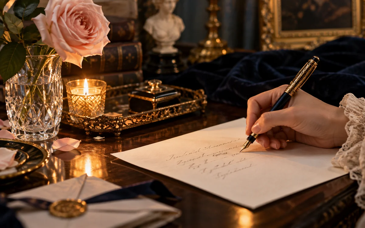 Une main écrit une lettre d’amour à la plume près d’une rose