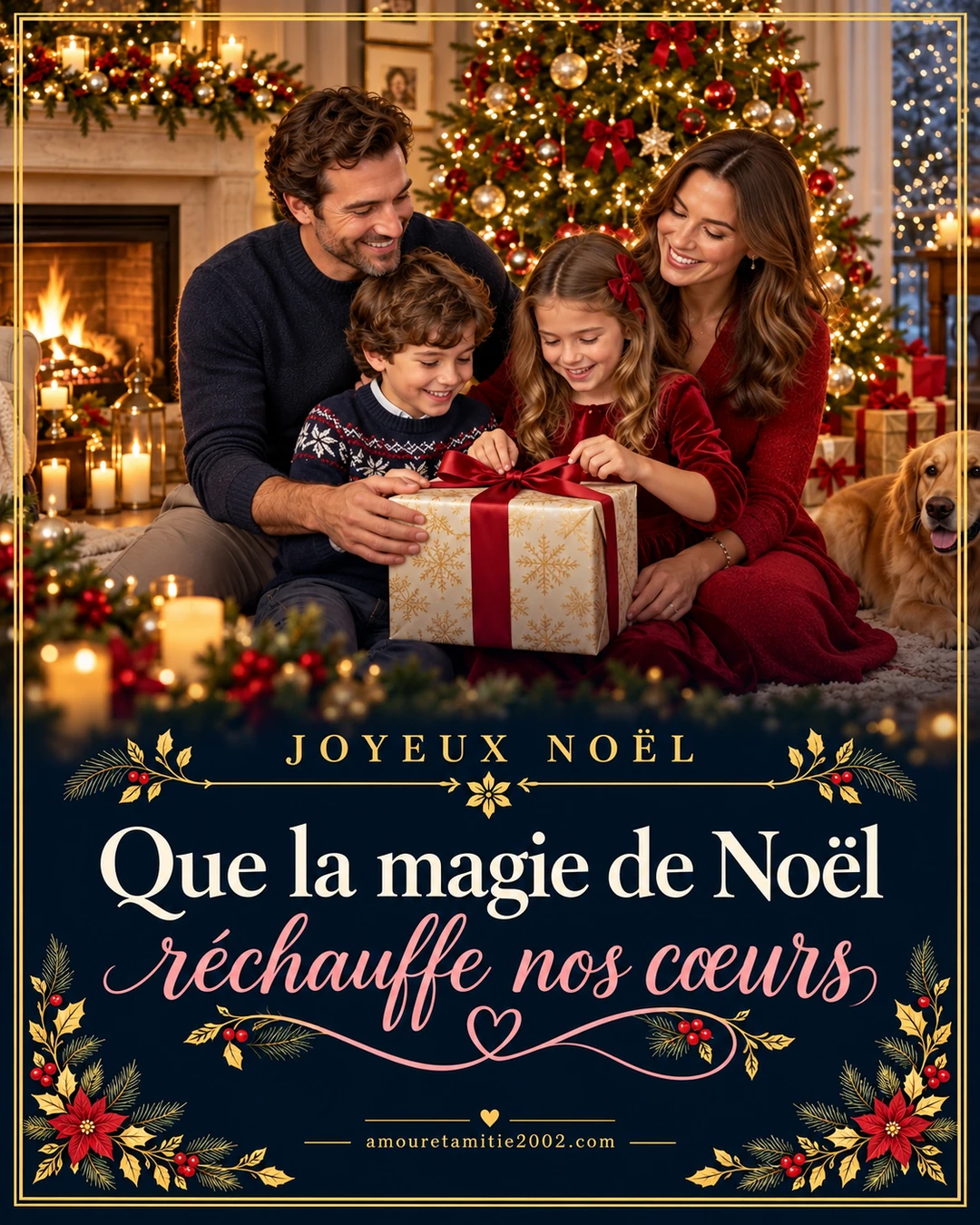 Une famille réunie près du sapin pour ouvrir un cadeau de Noël