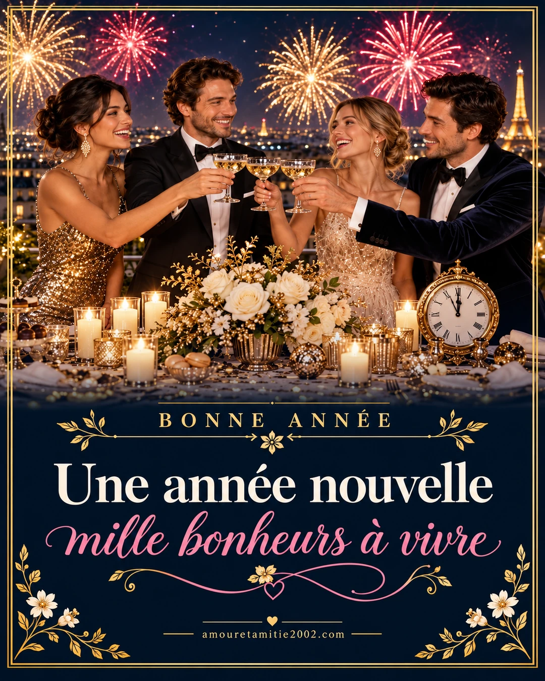 Quatre proches trinquant devant les feux d’artifice de la nouvelle année