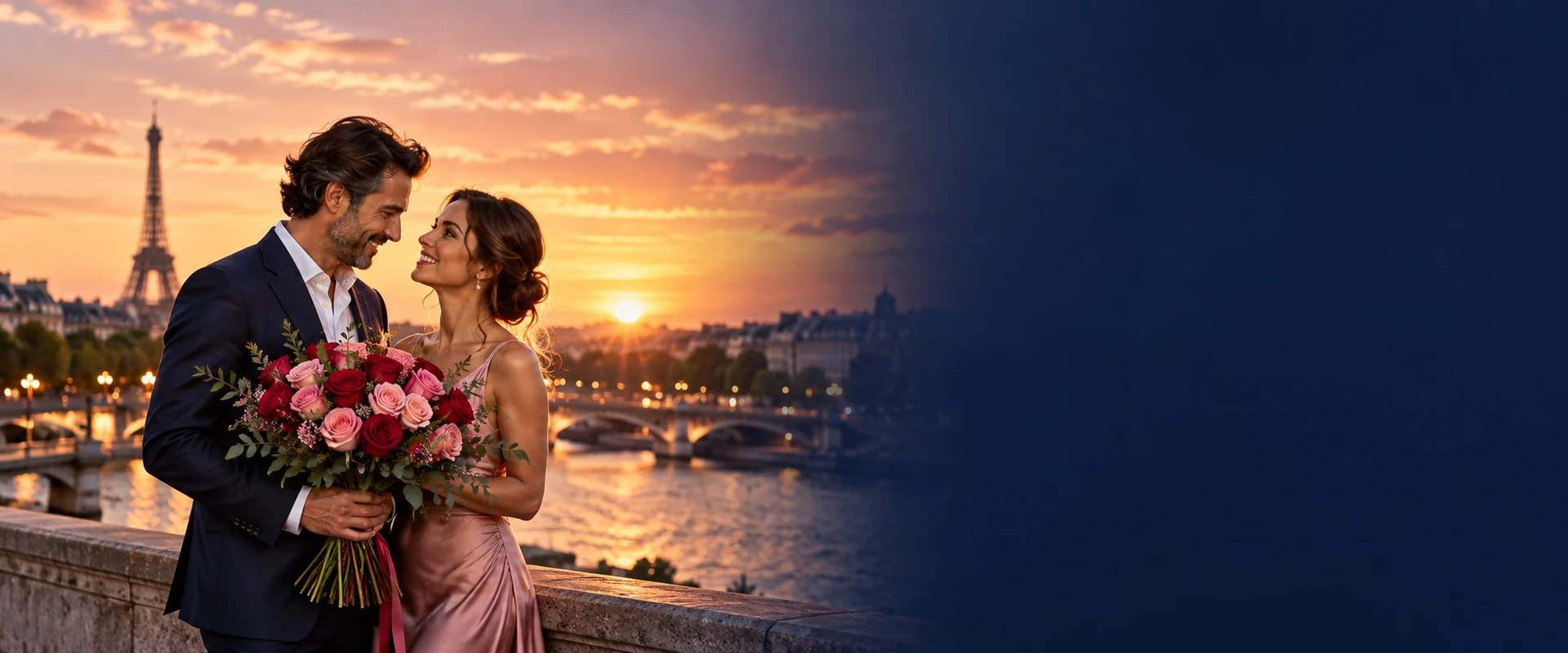 Un couple échange un bouquet de roses devant Paris au coucher du soleil, les visages entièrement visibles