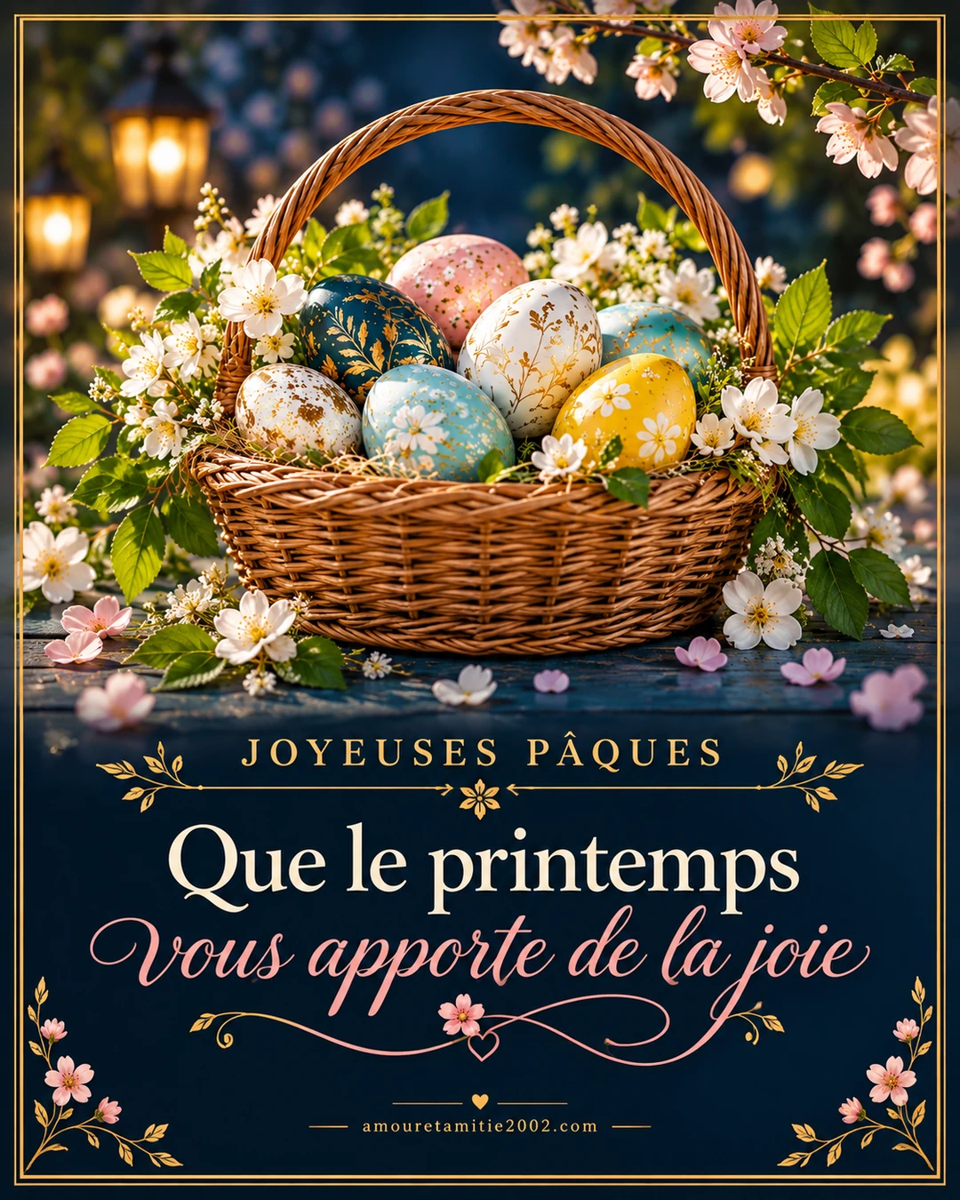 Carte illustrée Joyeuses Pâques avec un message à partager