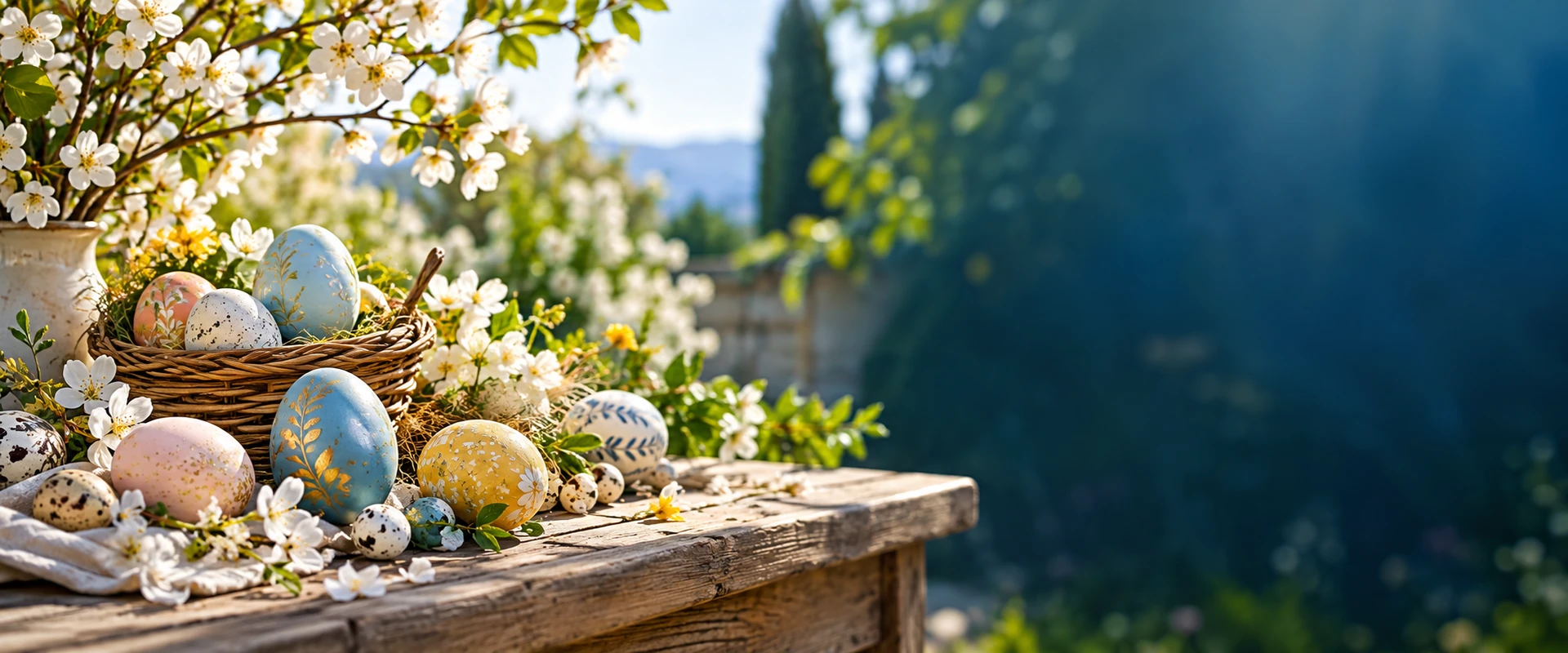 Panier d’œufs décorés entouré de fleurs printanières pour souhaiter de joyeuses Pâques