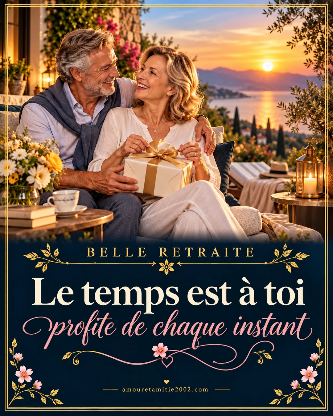 Un couple souriant devant la mer au coucher du soleil pour fêter la retraite