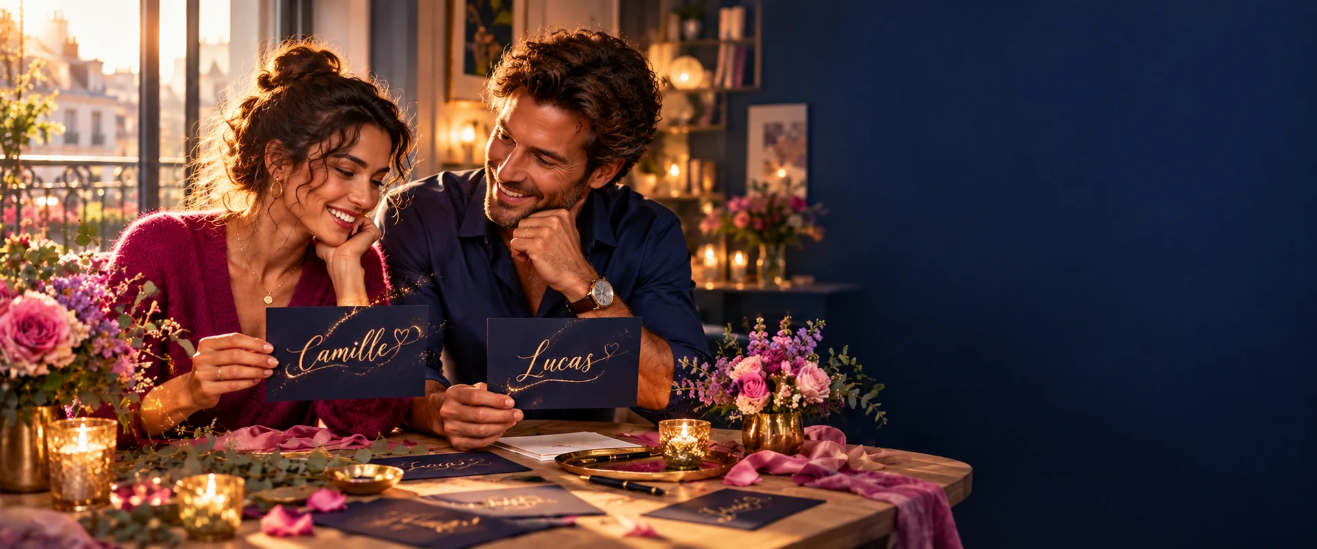 Des signatures lumineuses sur une table fleurie