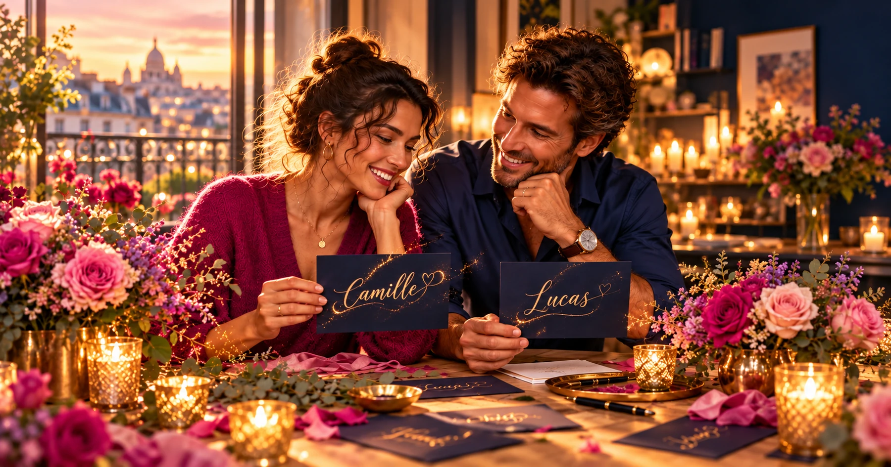 Un homme et une femme admirent des cartes de prénoms calligraphiés