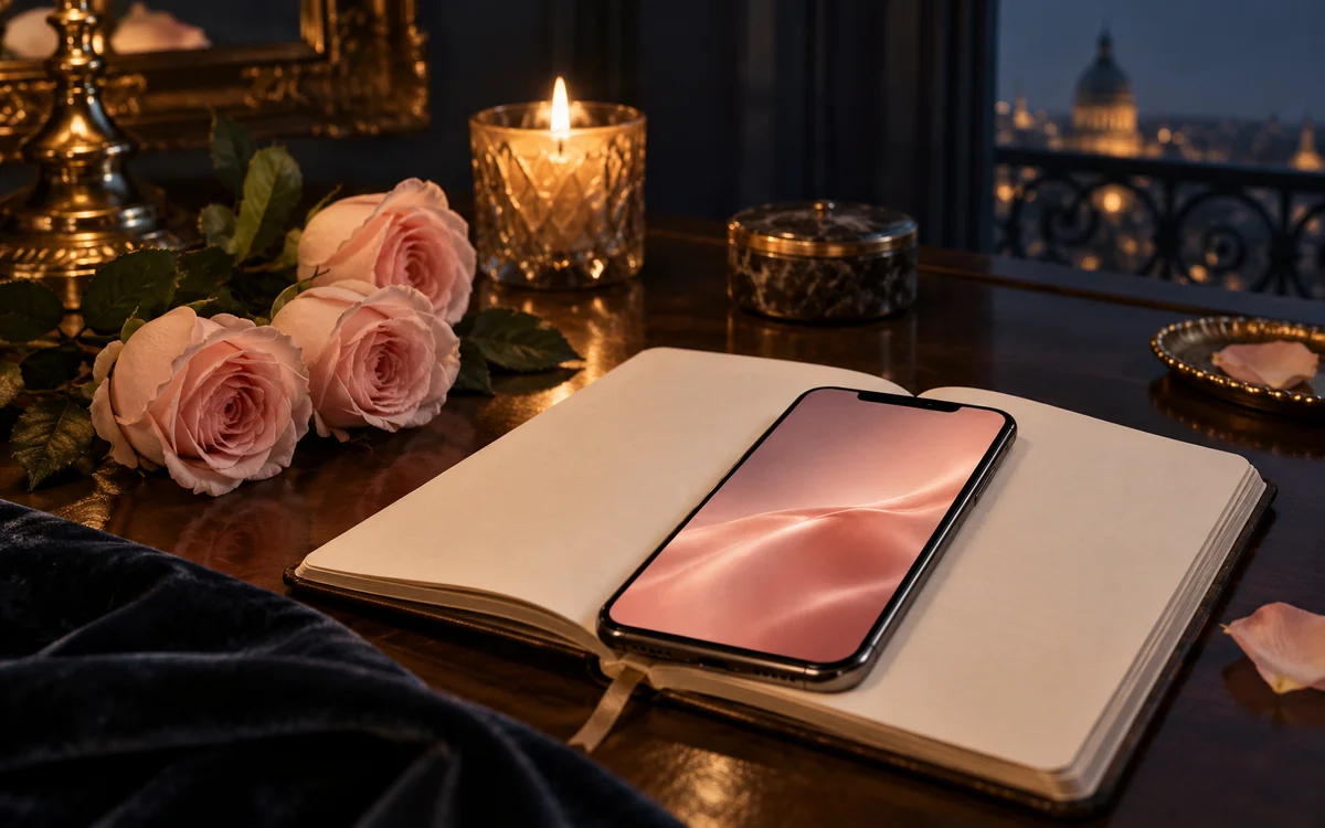 Un téléphone posé sur un carnet ouvert à côté de roses