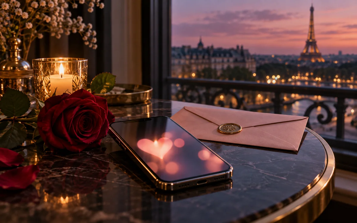 Un téléphone, une enveloppe et une rose dans la lumière du soir