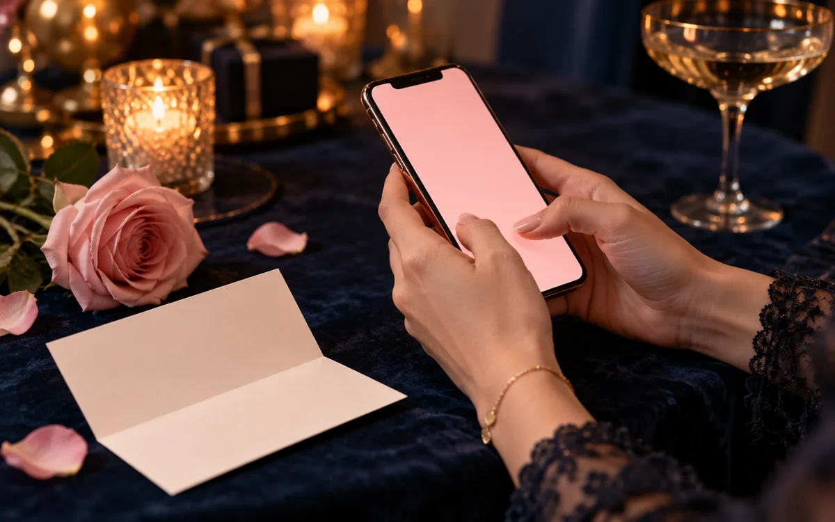 Des mains écrivent un message sur un téléphone près d’une rose
