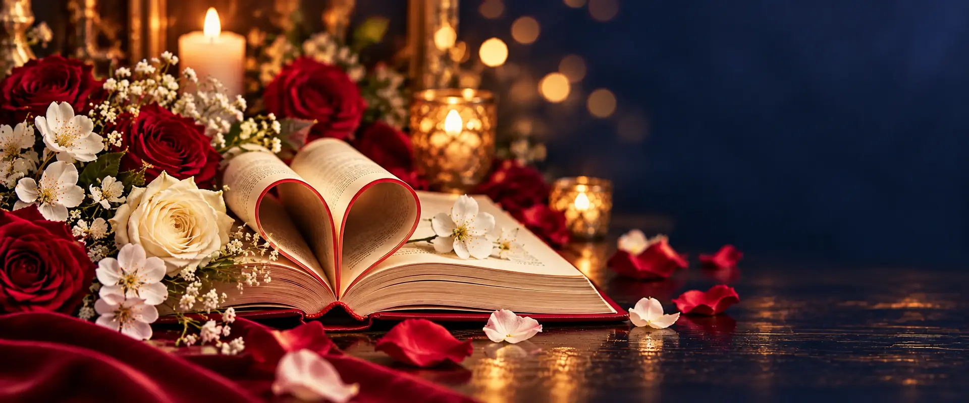 Livre ouvert aux pages en forme de cœur, entouré de roses et de fleurs blanches