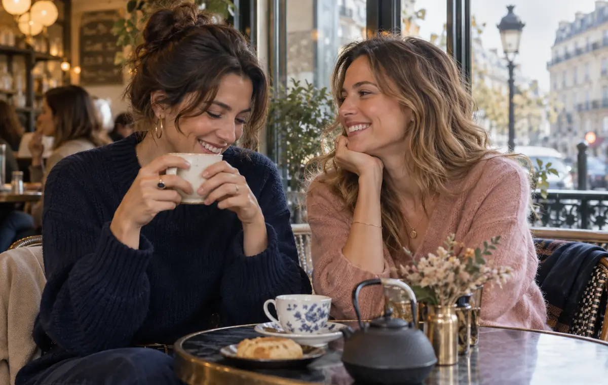 Deux amies partagent un thé et un sourire complice