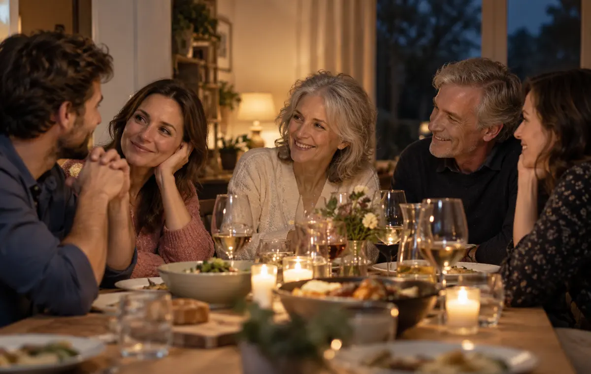 Une famille adulte partage un dîner chaleureux