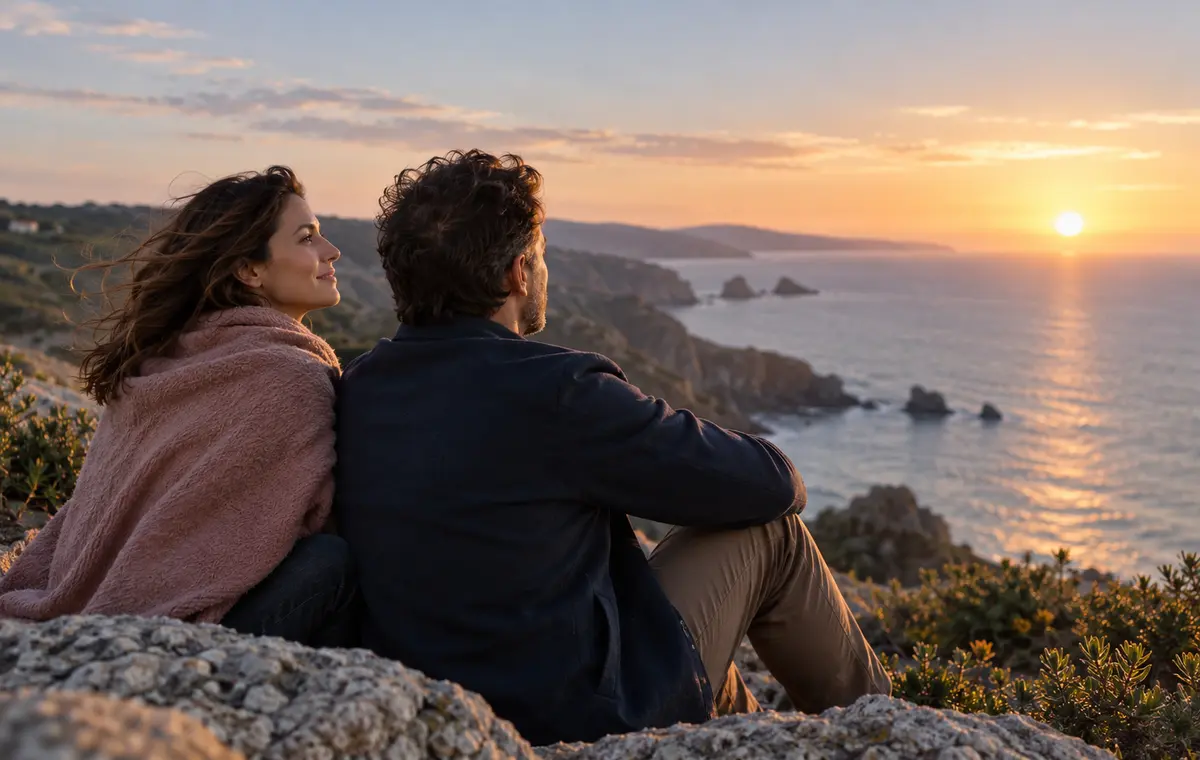 Deux personnes contemplent ensemble un lever de soleil sur la côte