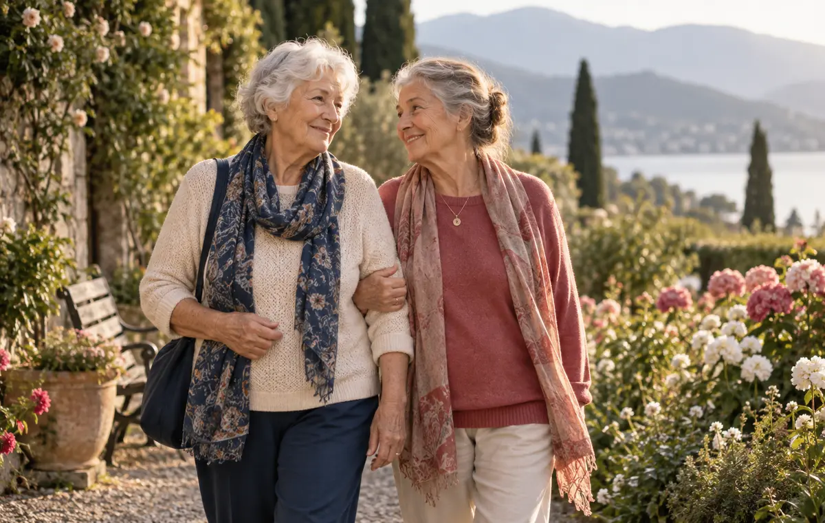 Deux amis âgés rient ensemble dans un jardin