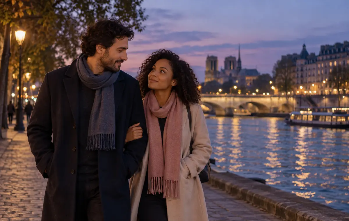 Un couple marche au bord de la Seine à la tombée du jour