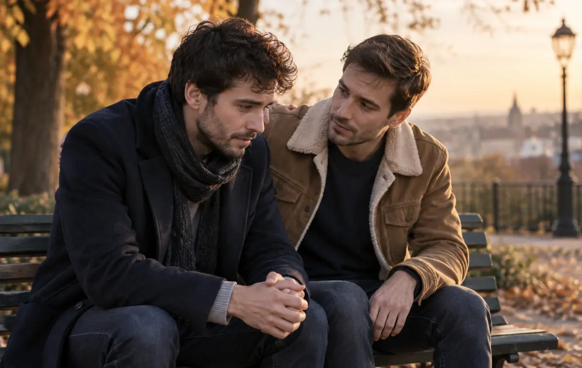 Deux amis se parlent avec confiance sur un banc