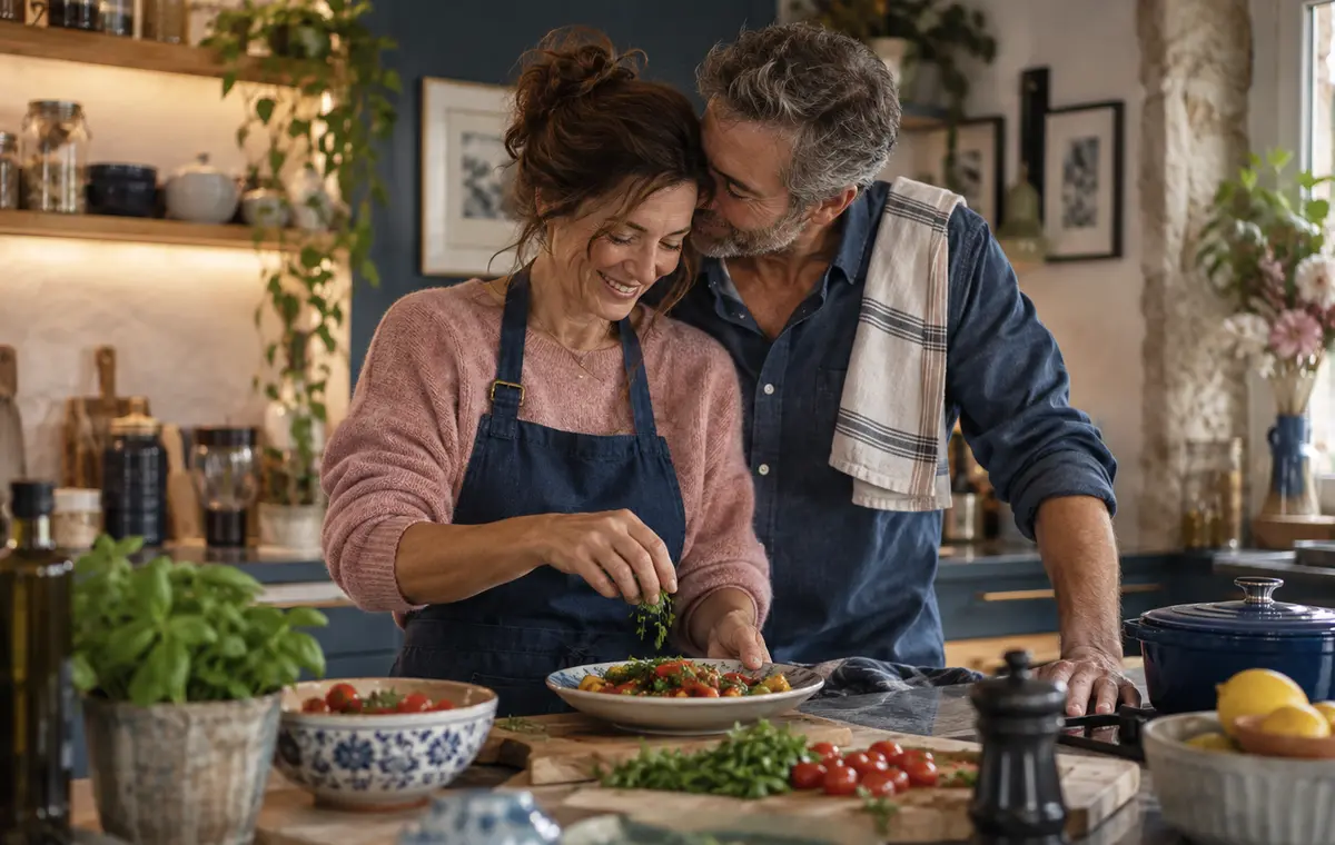 Un couple mûr cuisine ensemble dans une maison lumineuse