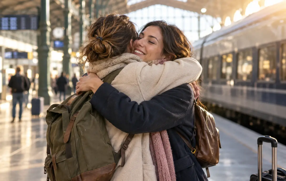 Deux sœurs adultes se retrouvent avec émotion dans une gare