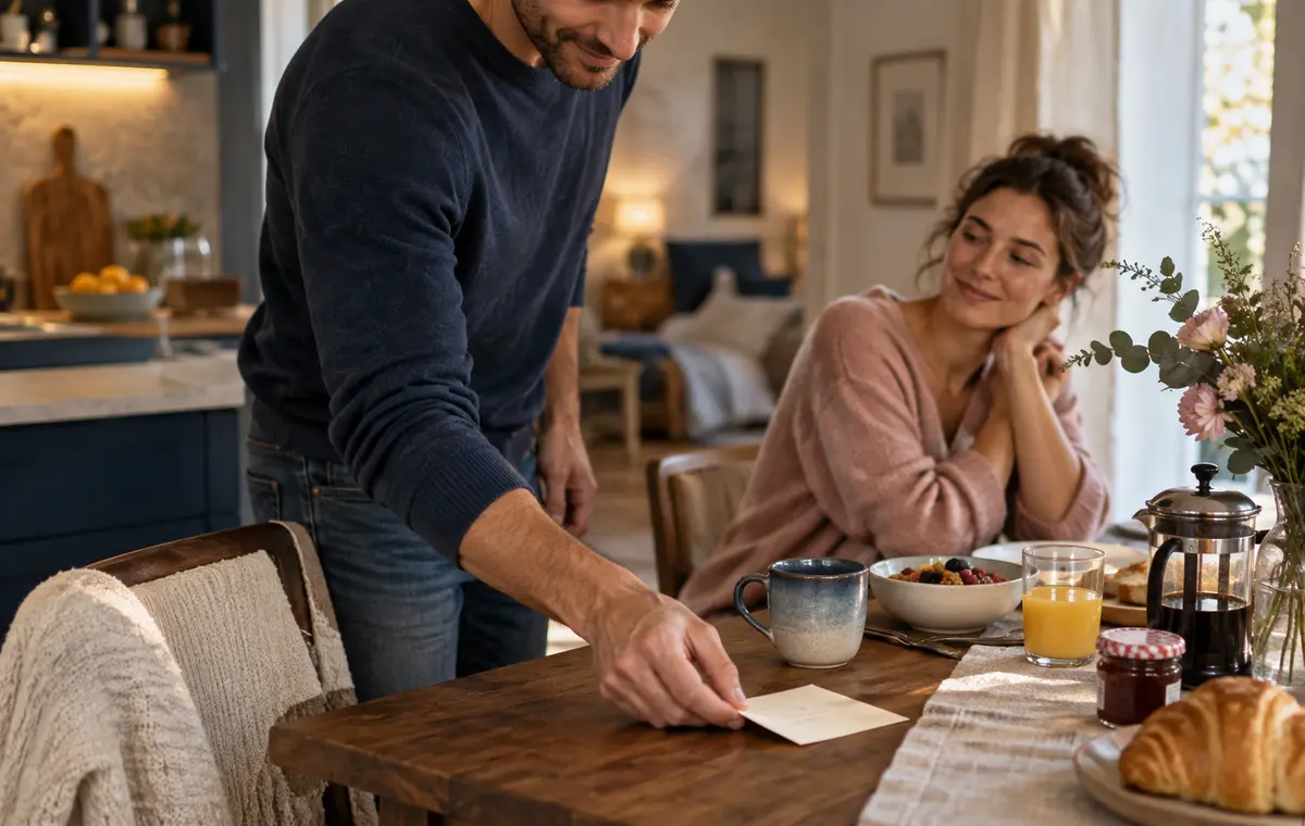 Un homme dépose un mot attentionné près du petit déjeuner