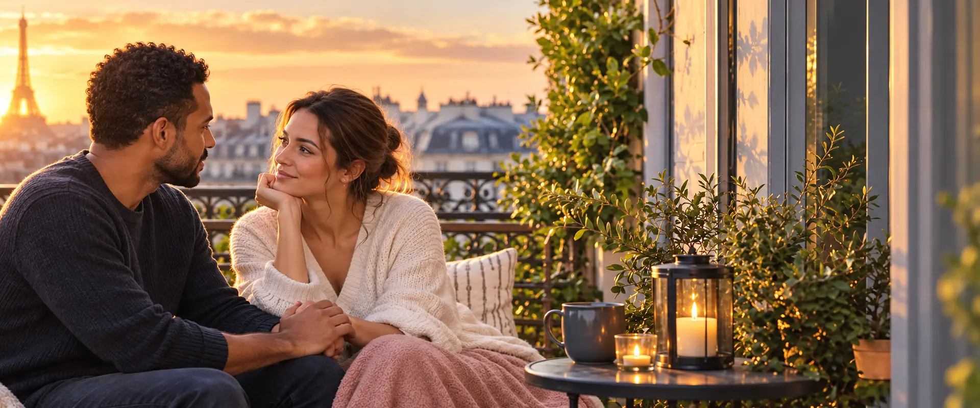 Un couple partage un moment sincère devant Paris au coucher du soleil