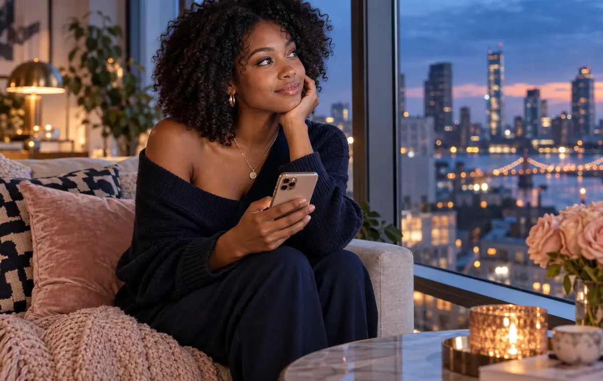 Une femme noire pense avec tendresse à la personne qui lui manque